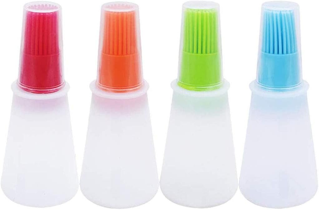 4PCS Silicone Oil Brush Bottles – Multicolor Random, Food Grade BBQ Basting Brush with Container, Kitchen Baking & Cooking Tool