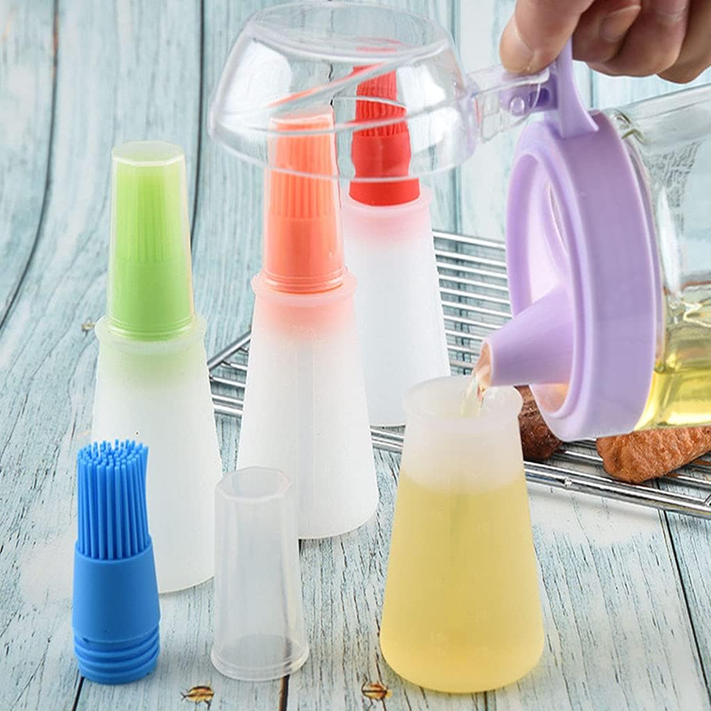 4PCS Silicone Oil Brush Bottles – Multicolor Random, Food Grade BBQ Basting Brush with Container, Kitchen Baking & Cooking Tool