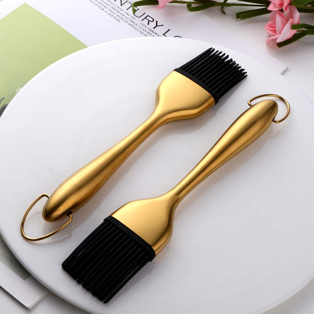2 Pack Golden Handle Silicone Oil Brush – Food Grade Heat Resistant Basting Brush for Baking & Cooking