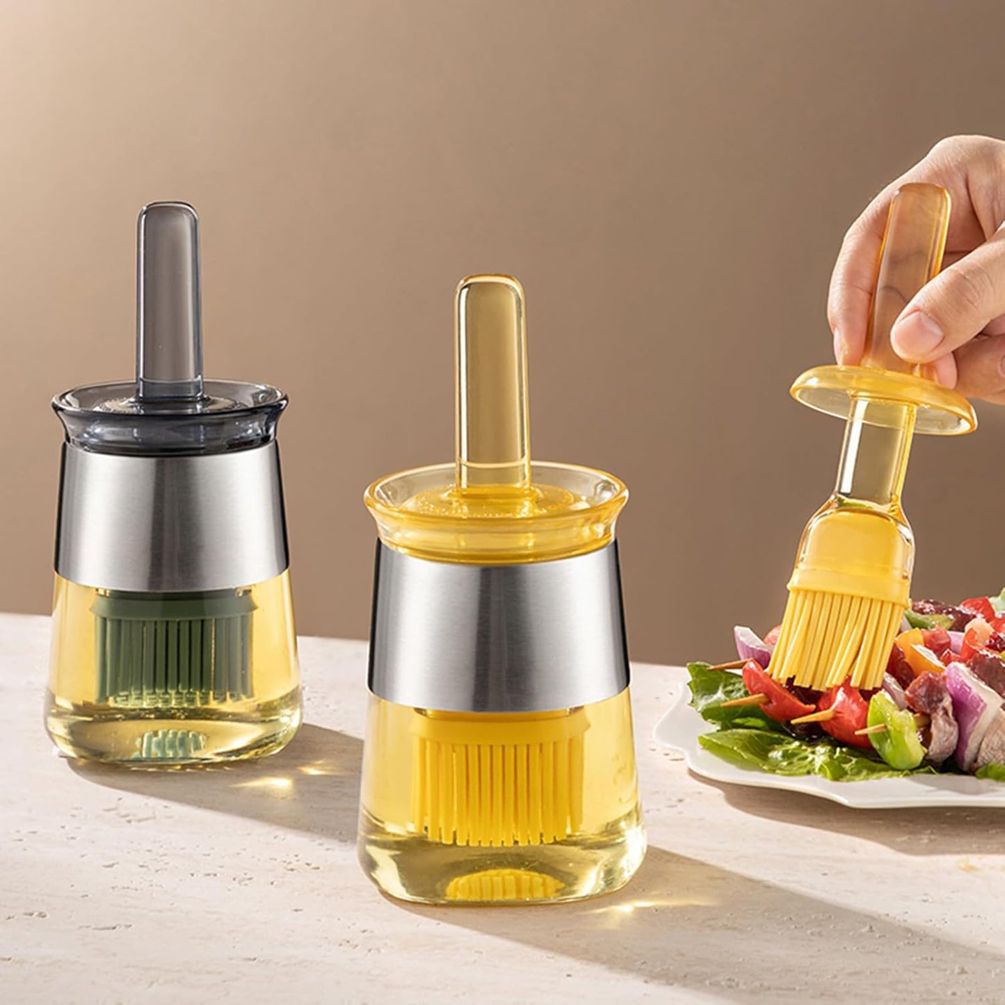 2 Pack Glass Oil Brush Bottles with Silicone Basting Brush – Oil Dispenser Jars with Stainless Steel Lid for Cooking & BBQ
