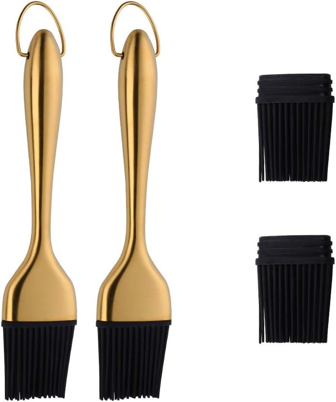 2 Pack Golden Handle Silicone Oil Brush – Food Grade Heat Resistant Basting Brush for Baking & Cooking