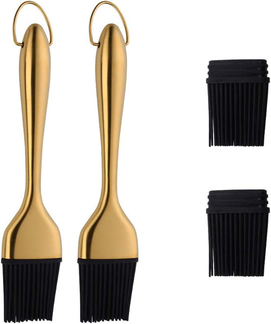 2 Pack Golden Handle Silicone Oil Brush – Food Grade Heat Resistant Basting Brush for Baking & Cooking