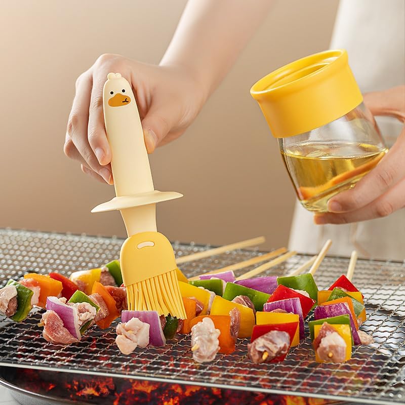 Cartoon Duck Oil Bottle with Silicone Brush – Glass Oil Dispenser for Cooking, Baking & BBQ