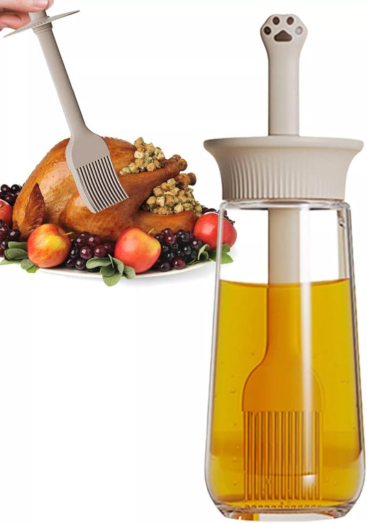 300ml Oil Bottle with Silicone Brush – Cute Handle Oil Dispenser for Cooking, BBQ & Baking