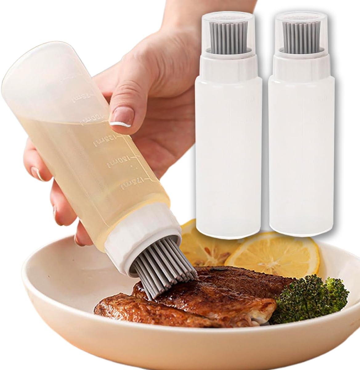 350ml Oil Dispenser with Silicone Brush Squeeze Bottle – 2 Pack Food-Grade Basting Container for Cooking, BBQ & Baking