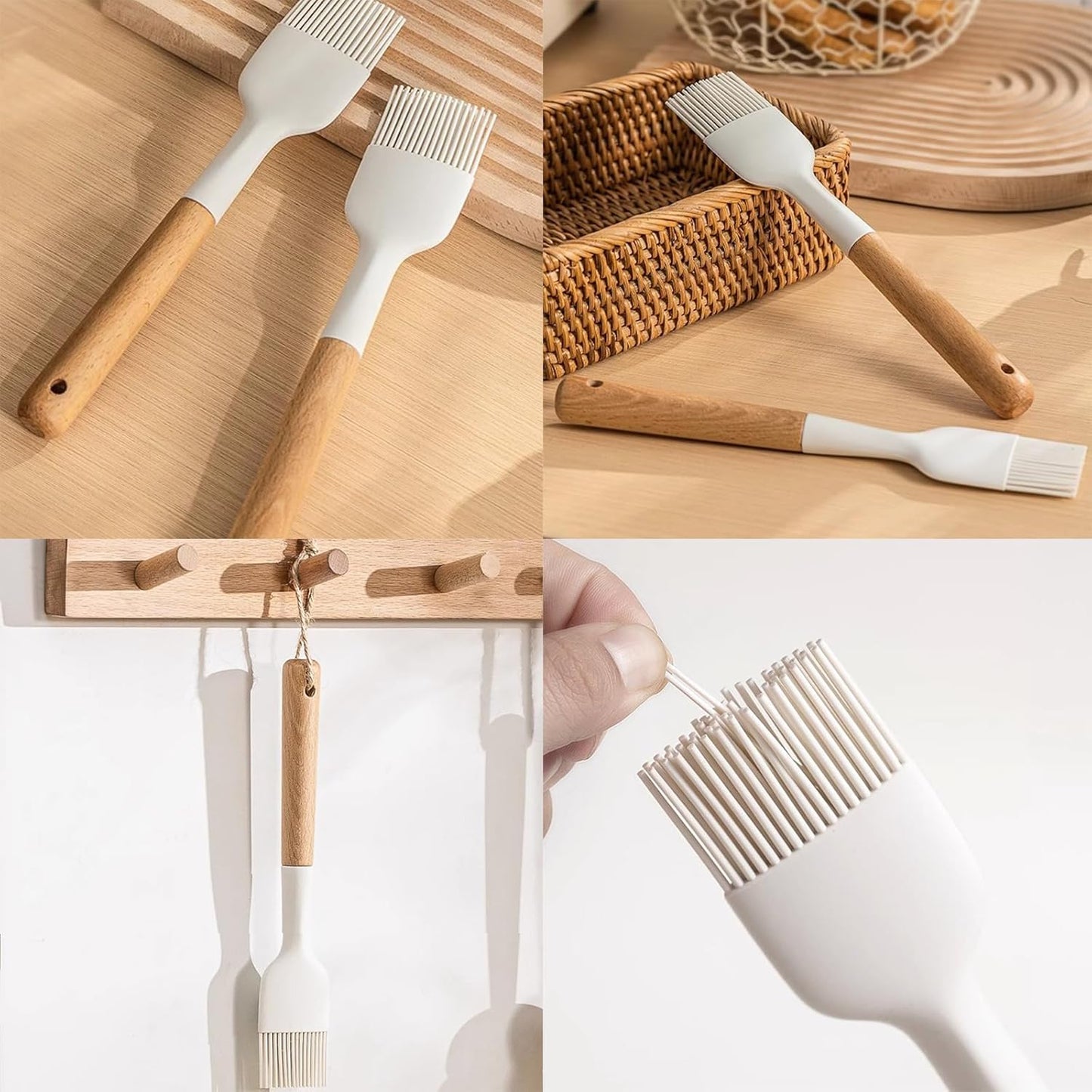 2Pcs Silicone Oil Brush with Wooden Handle – Heat Resistant Food Grade Basting Brush for Cooking, Baking & BBQ