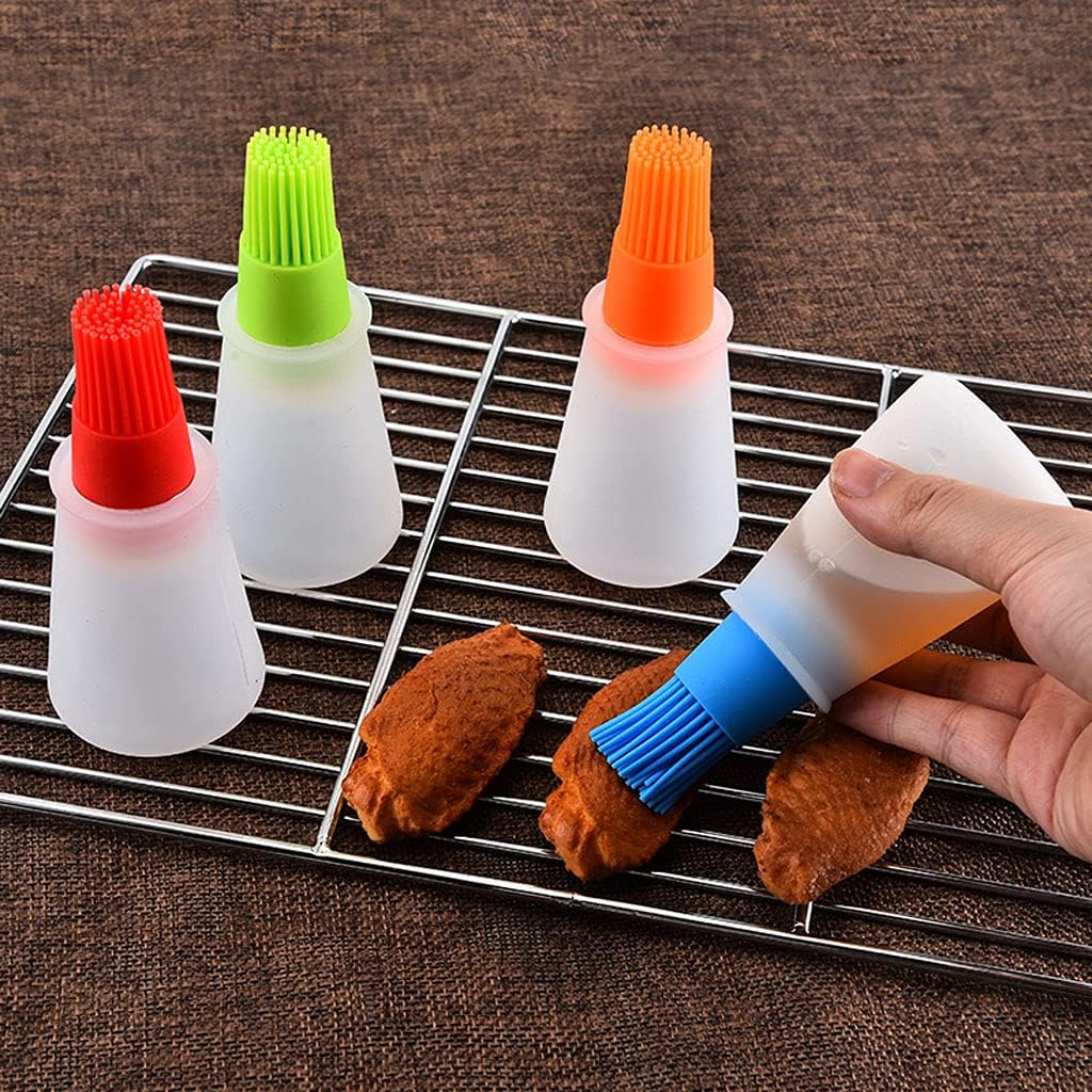 4PCS Silicone Oil Brush Bottles – Multicolor Random, Food Grade BBQ Basting Brush with Container, Kitchen Baking & Cooking Tool