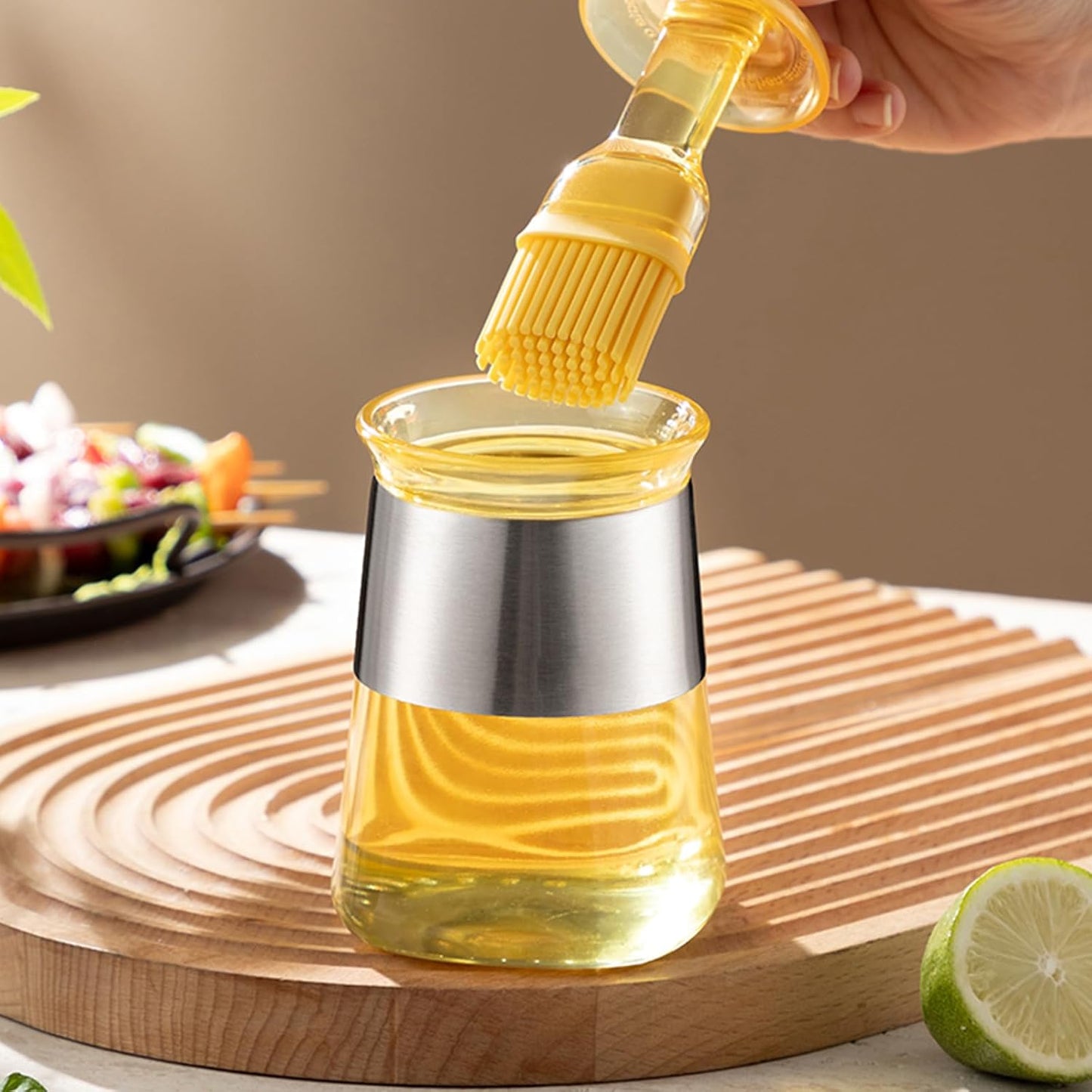 2 Pack Glass Oil Brush Bottles with Silicone Basting Brush – Oil Dispenser Jars with Stainless Steel Lid for Cooking & BBQ