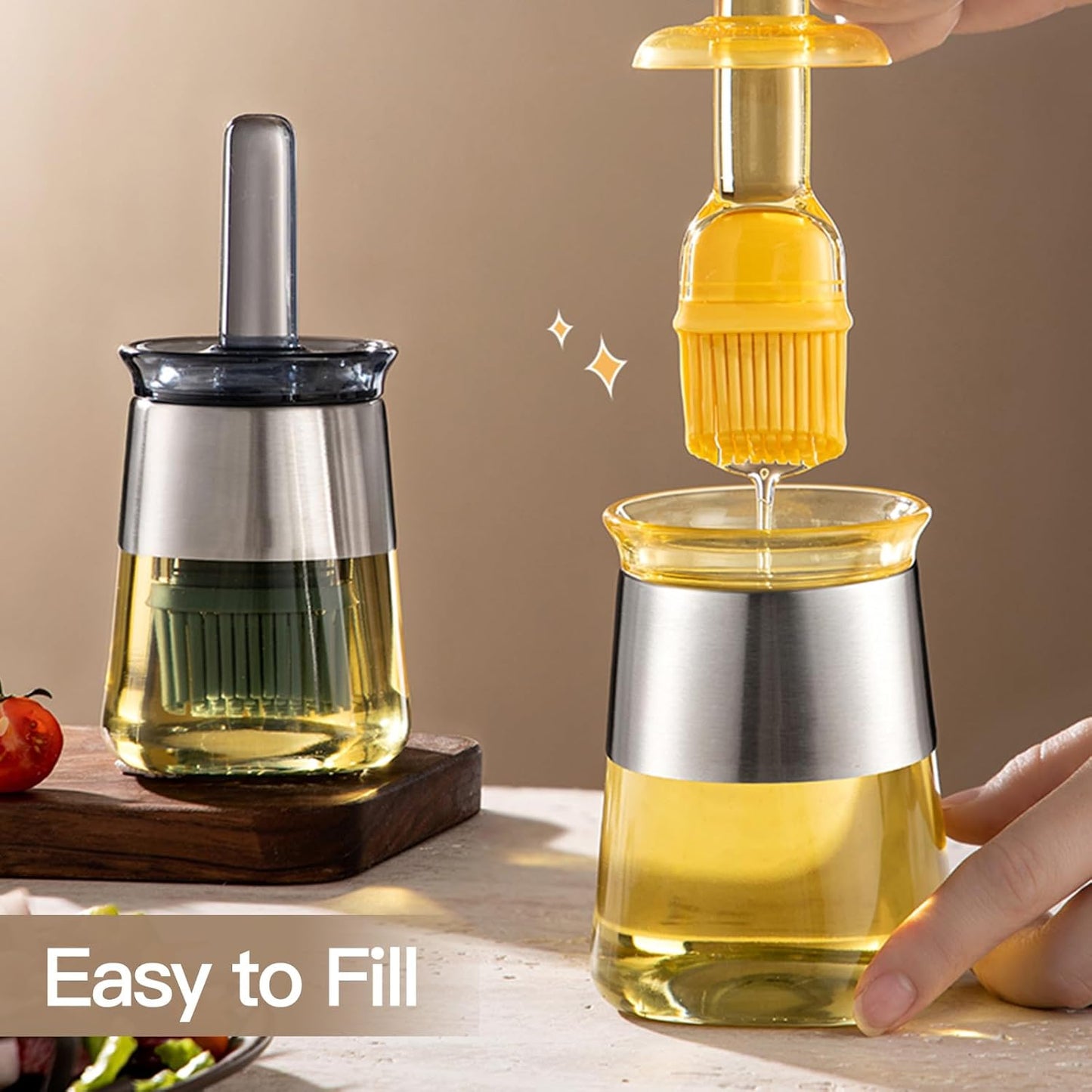 2 Pack Glass Oil Brush Bottles with Silicone Basting Brush – Oil Dispenser Jars with Stainless Steel Lid for Cooking & BBQ