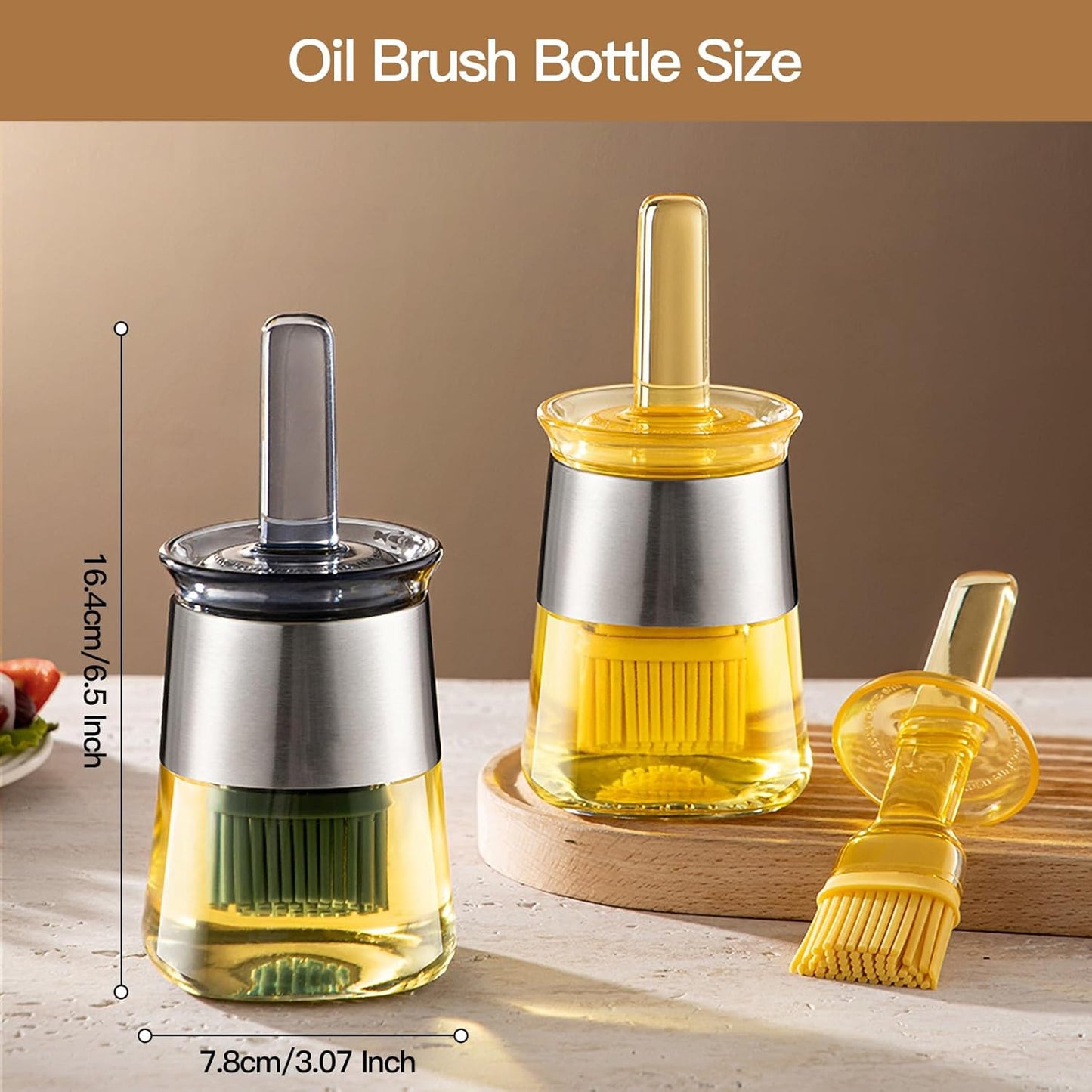 2 Pack Glass Oil Brush Bottles with Silicone Basting Brush – Oil Dispenser Jars with Stainless Steel Lid for Cooking & BBQ